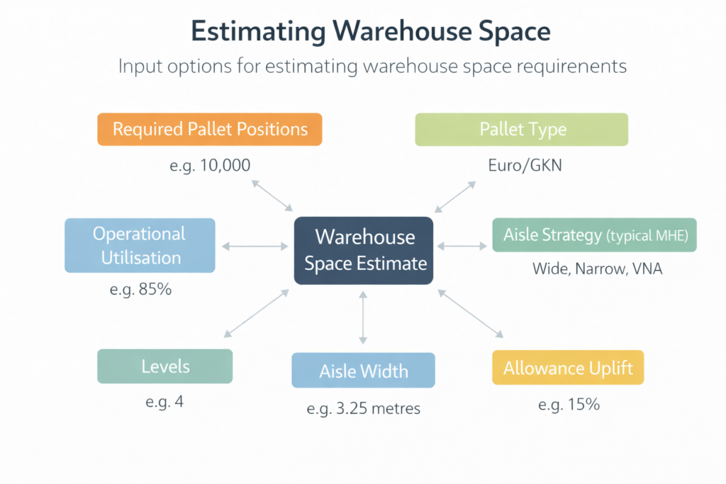 Warehouse space estimator – indicative warehouse footprint and area planning